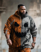 Big & Tall Men's Halloween Orange Pumpkin Facial Contrast Stitch Print Hoodie Suit